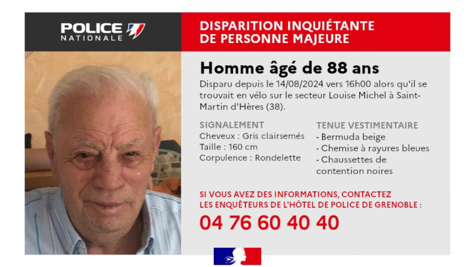 Disparition d'un octog&eacute;naire pr&egrave;s de Grenoble : un appel &agrave; t&eacute;moins pour le retrouver